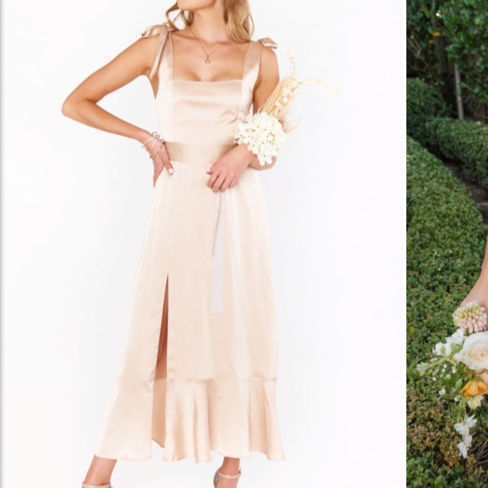 Show Me Your Mumu Claire Midi Bridesmaid Dress in Champagne Luxe Satin Small